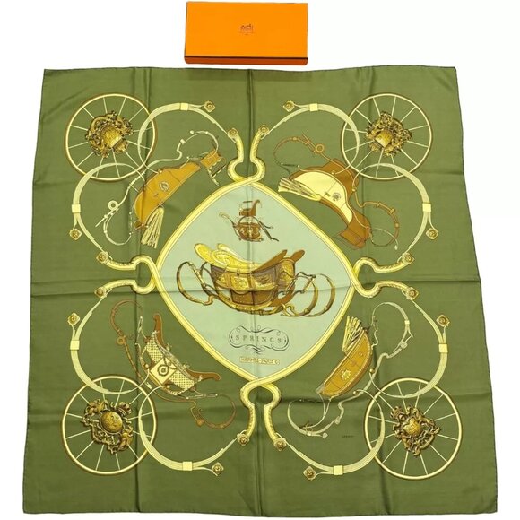 Authentic HERMES Carre 90 Scarf Green Silk #36636050 - Picture 1 of 13